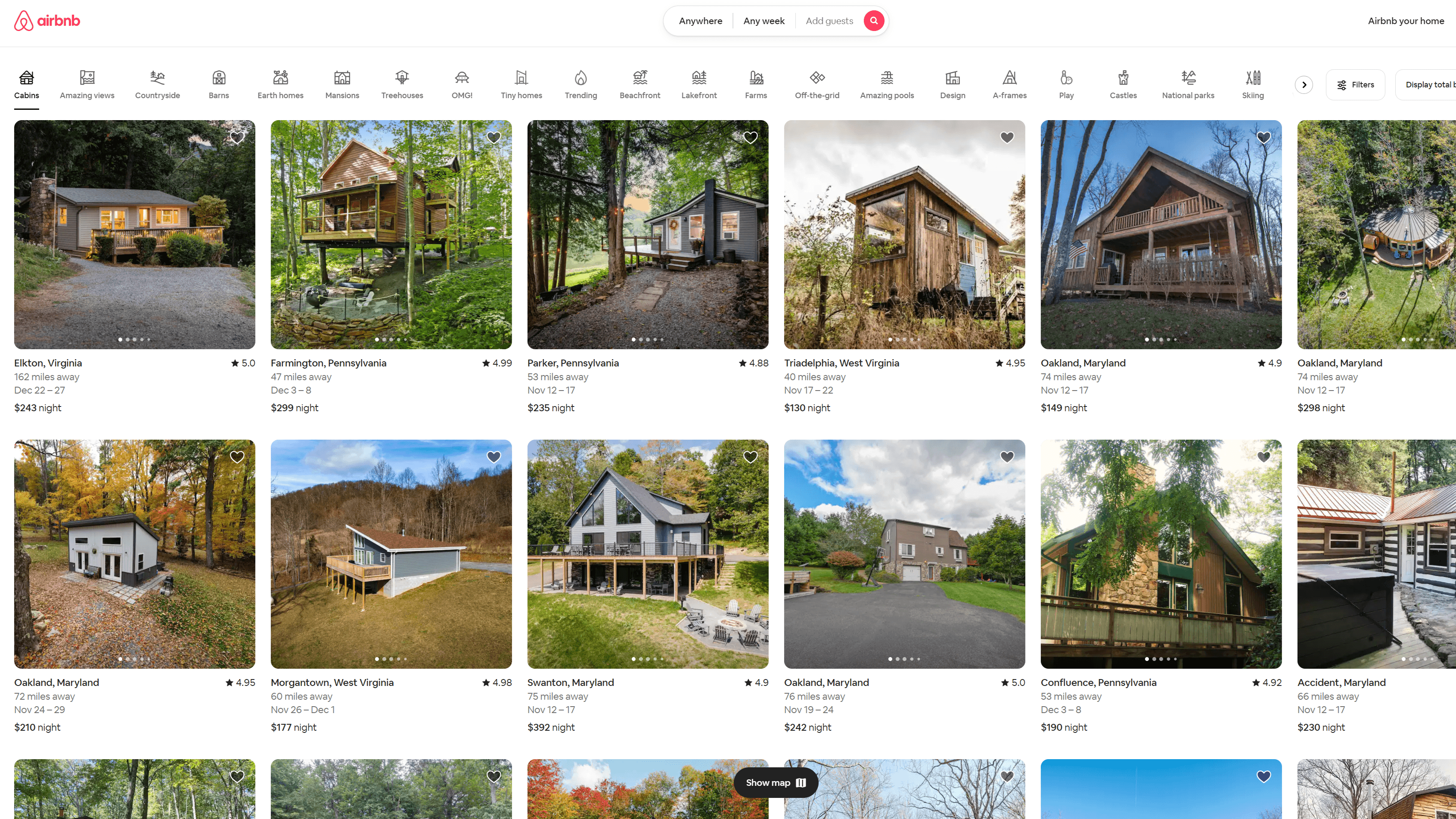 Airbnb website homescreen