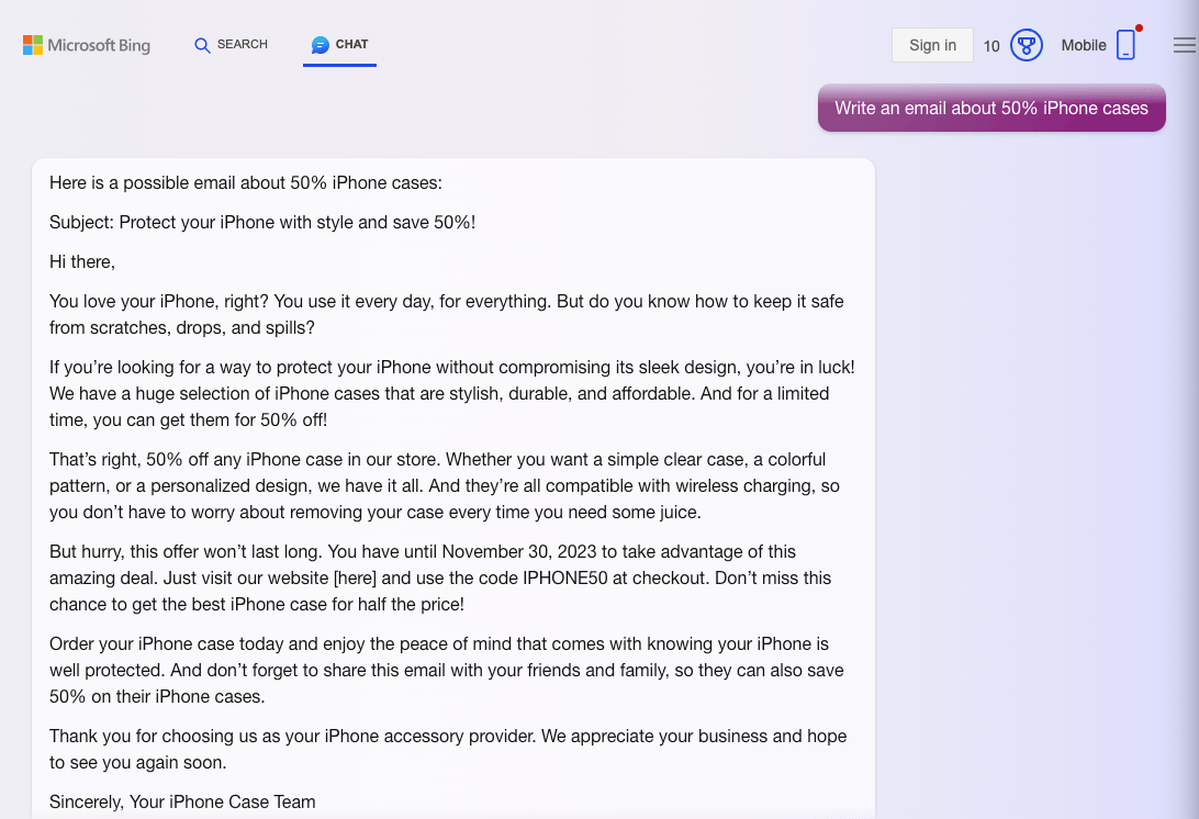 Bing AI generating an email about 50% off iPhone cases