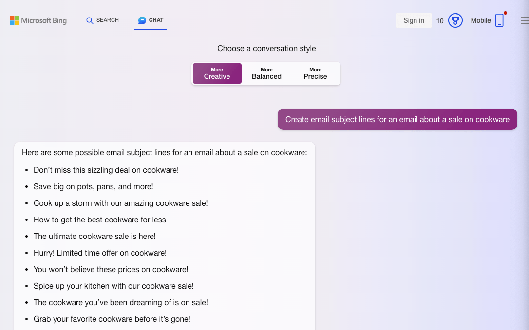 Bing AI generating a email subject lines on a cookware sale