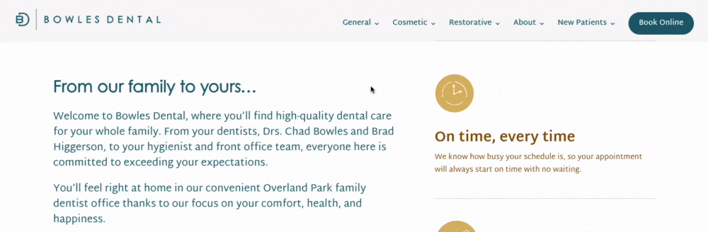 Hovering over each category of Bowles Dental's navigation bar
