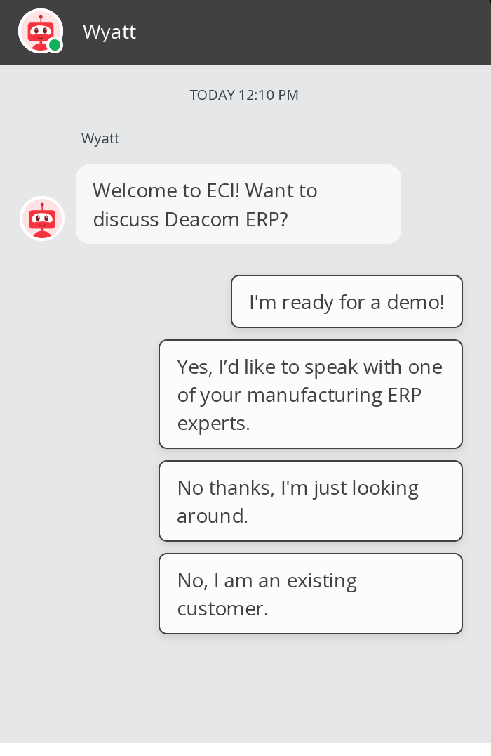 Chatbox with a bot named Wyatt asking questions