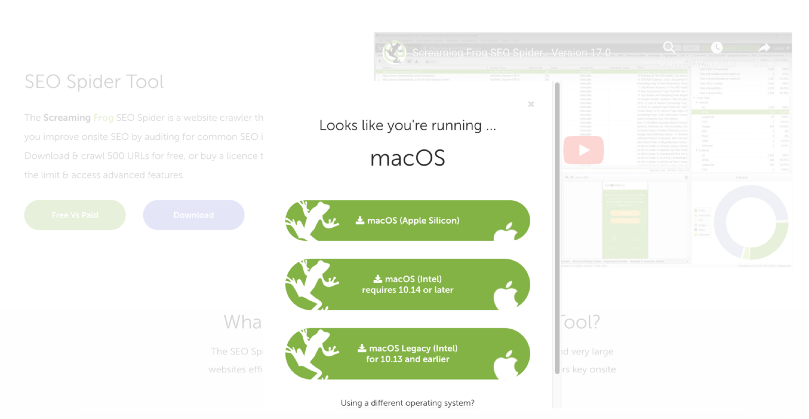 Screenshot of Screaming Frog download page.