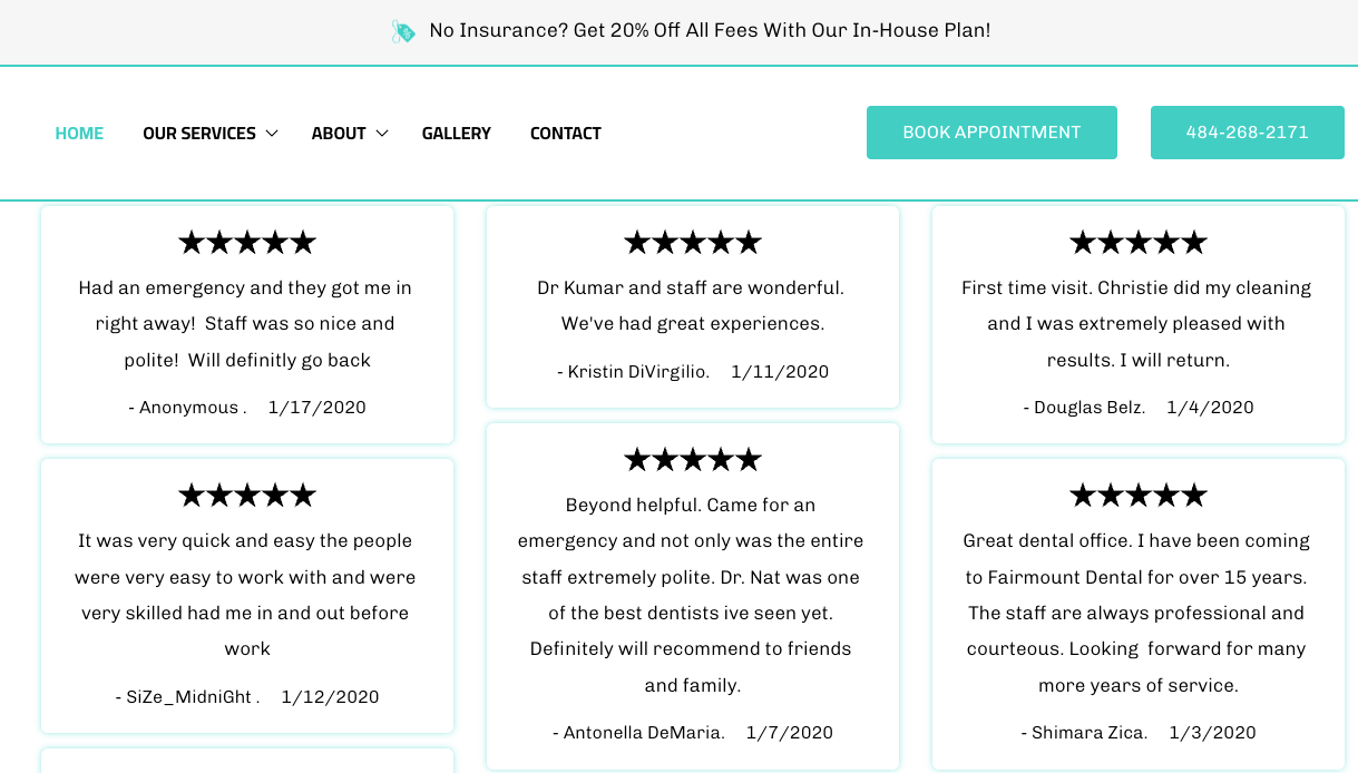 Reviews on Fairmont Dental integrated into their website