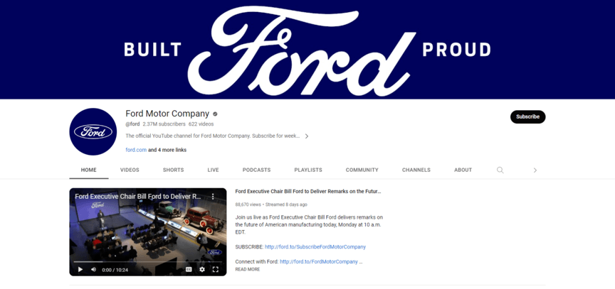 ford youtube channel page