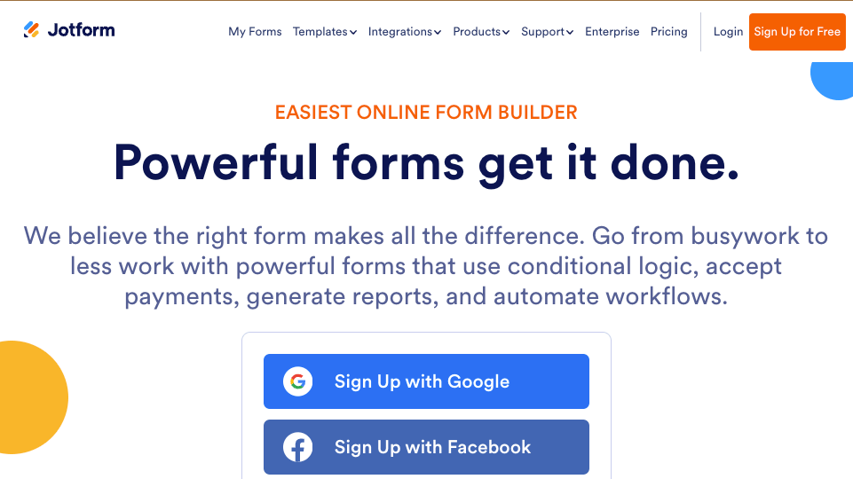 Homepage for Jotform