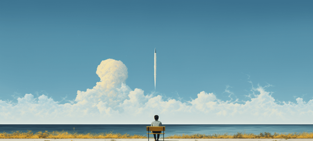 A person sitting on a bench observing a rocket launch over the ocean under a clear blue sky.