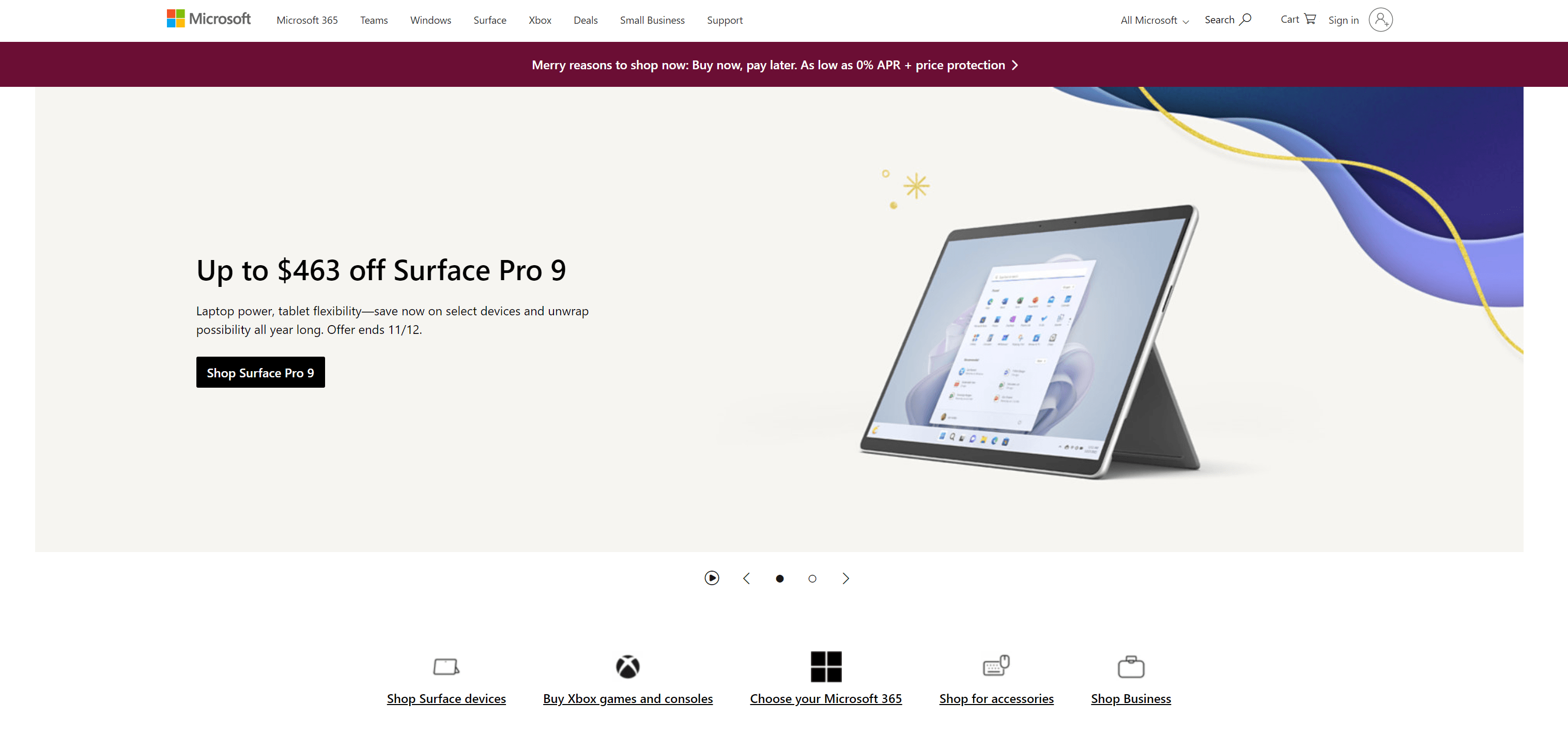 Microsoft website homescreen featuring the Surface Pro 9 