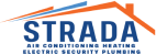 Logo of STRADA featuring stylized blue and green mountain peaks with an orange arrow flying above, next to the text 'STRADA' in blue capital letters and the slogan 'Los profesionales de sistemas automáticos de puertas' in green.