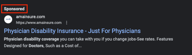 PPC ad for physician disability insurance