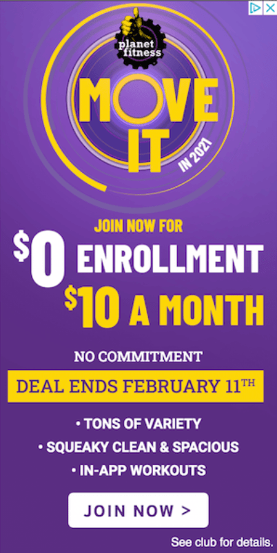 Planet Fitness enrollment banner ad 