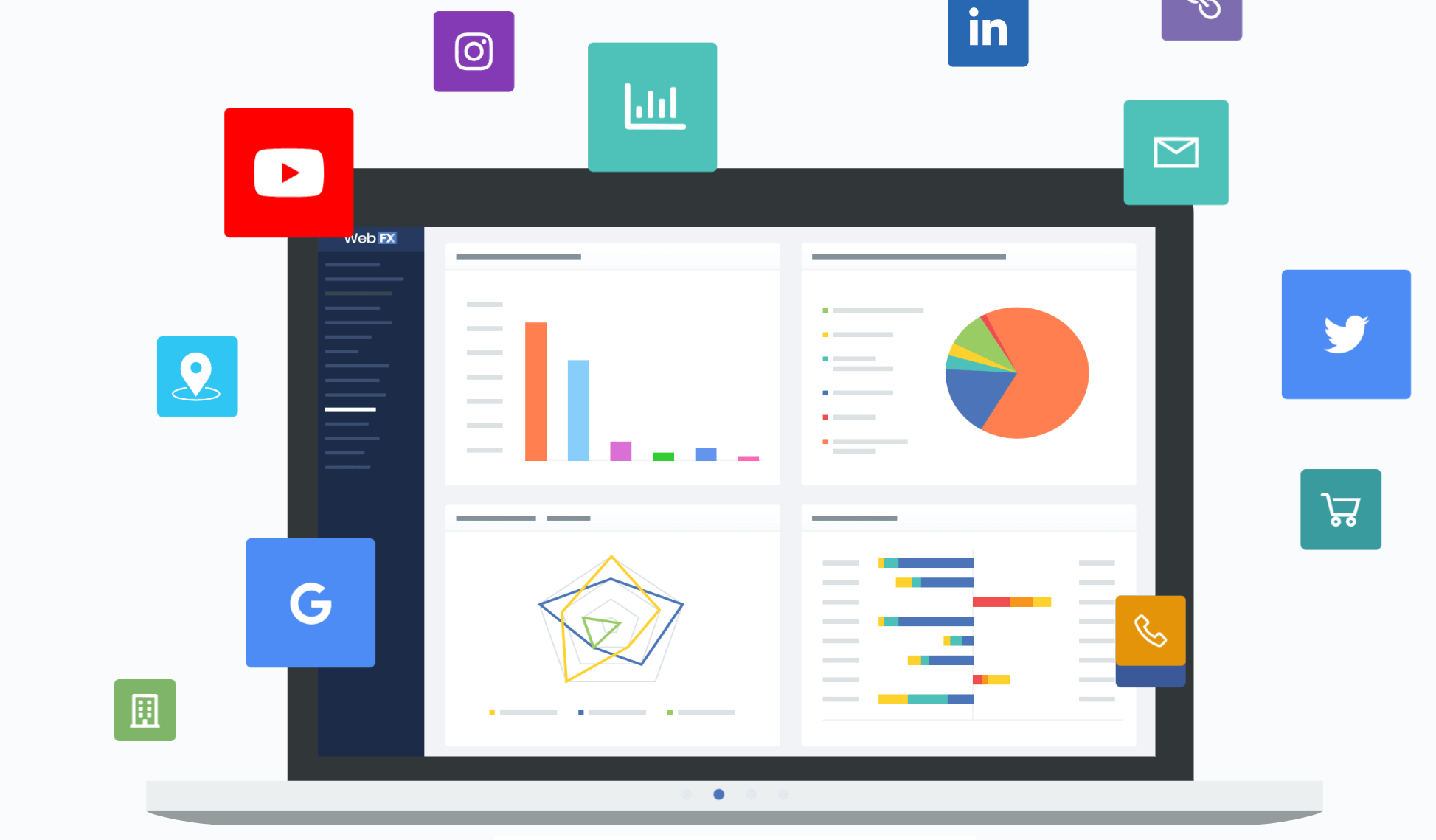 A computer monitor displaying a data analytics dashboard with colorful charts and graphs, surrounded by various social media and technology platform icons.