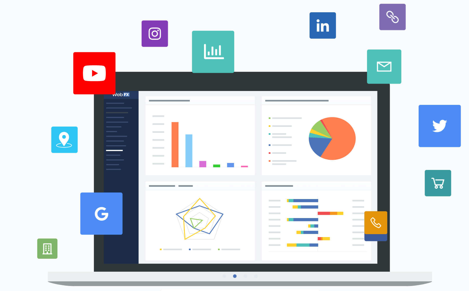 A computer monitor displaying an analytics dashboard with colorful charts and graphs, surrounded by various social media and technology platform icons.