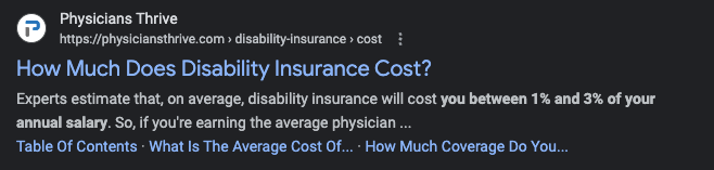 SEO listing for how much disability insurance costs