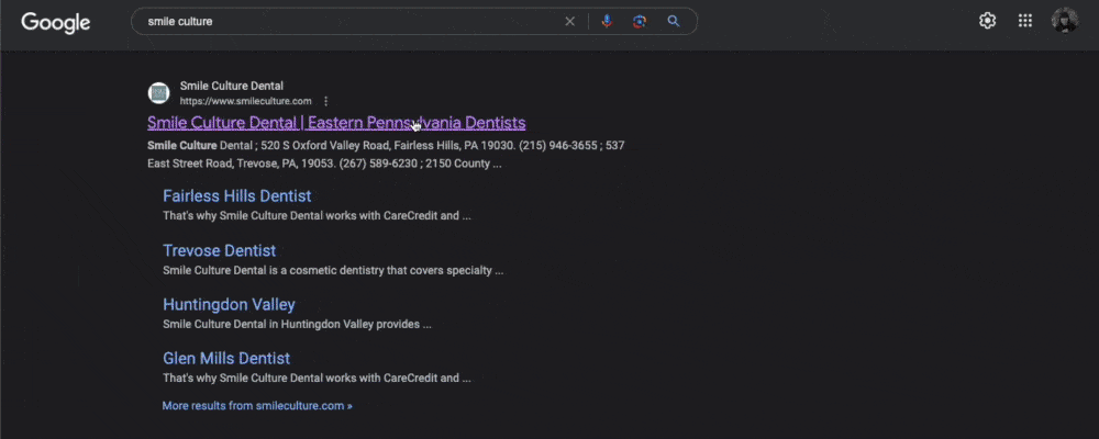 Clicking on an SEO listing for Smile Culture Dental's website and loading the homepage
