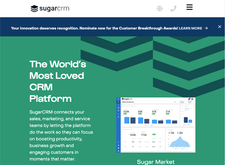 Homepage for SugarCRM