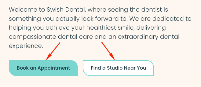 Green and white call to action buttons on Swish Dental's website
