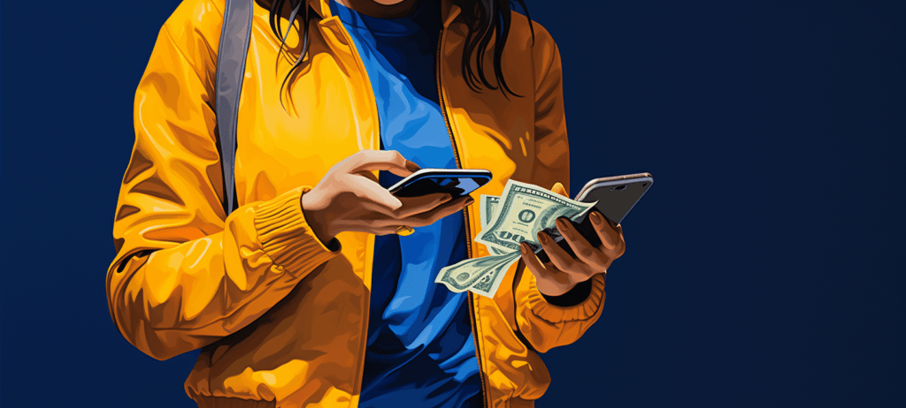 woman holding phone and money