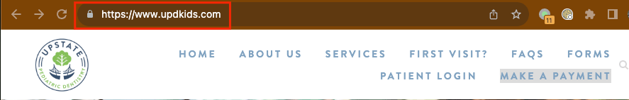 Upstate pediatric dentist website showing a lock next to the URL