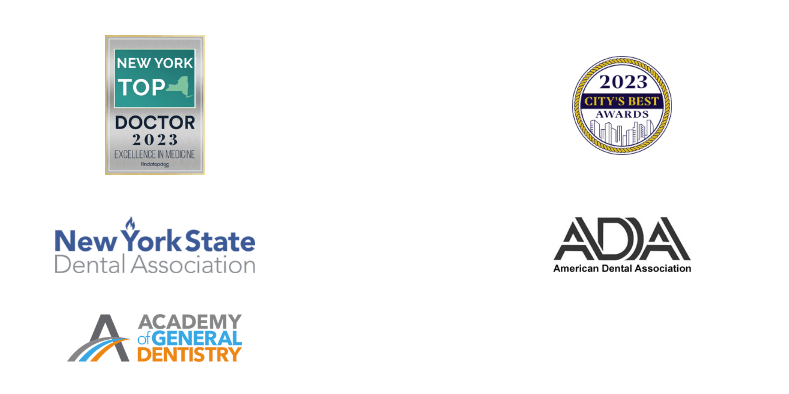 Badges of awards and associations on West Village Dental's website