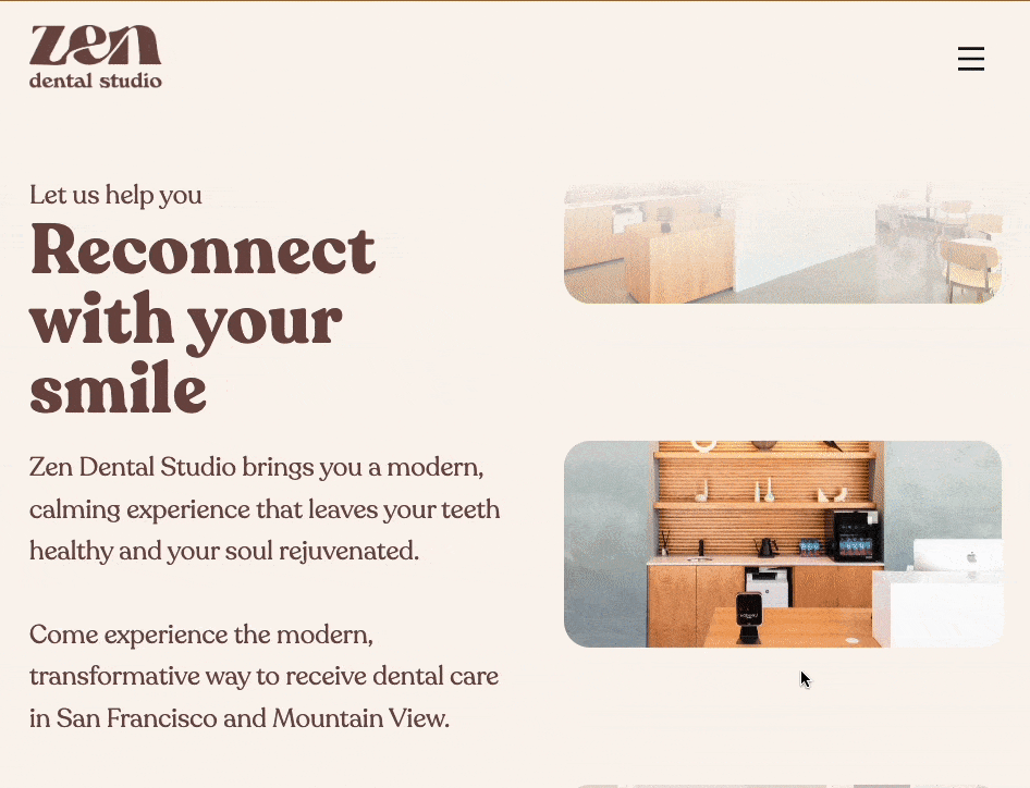 Page flow scrolling through Zen Dental Studio