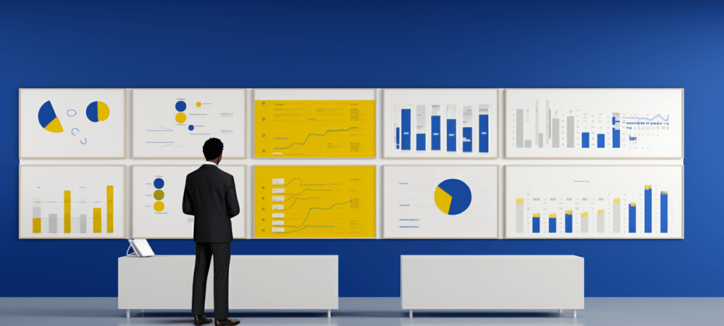 A professional analyzing a wall of data visualizations including pie charts, bar graphs, and line graphs in a corporate setting.