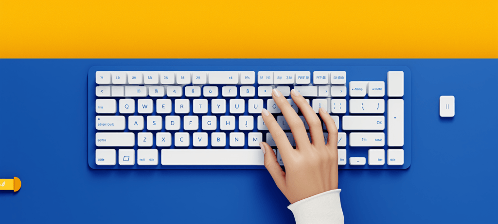 Hand typing on a white keyboard