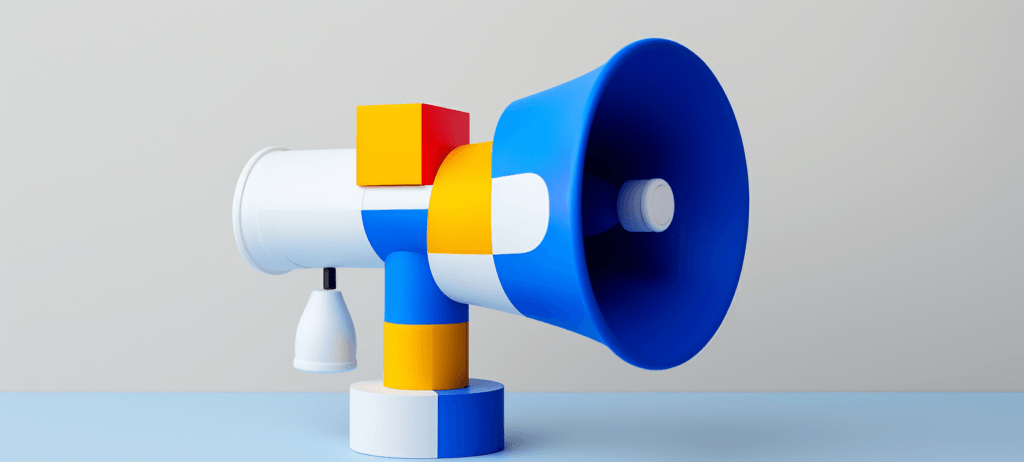 A stylized megaphone made of geometric shapes in blue, yellow, and white, set against a light gray gradient background.