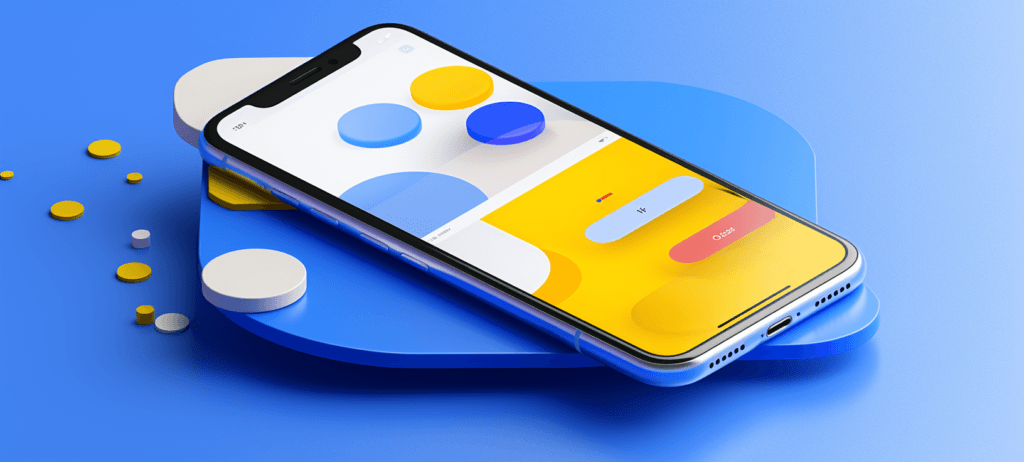 A smartphone with a colorful abstract design on the screen, surrounded by matching geometric shapes on a blue background.