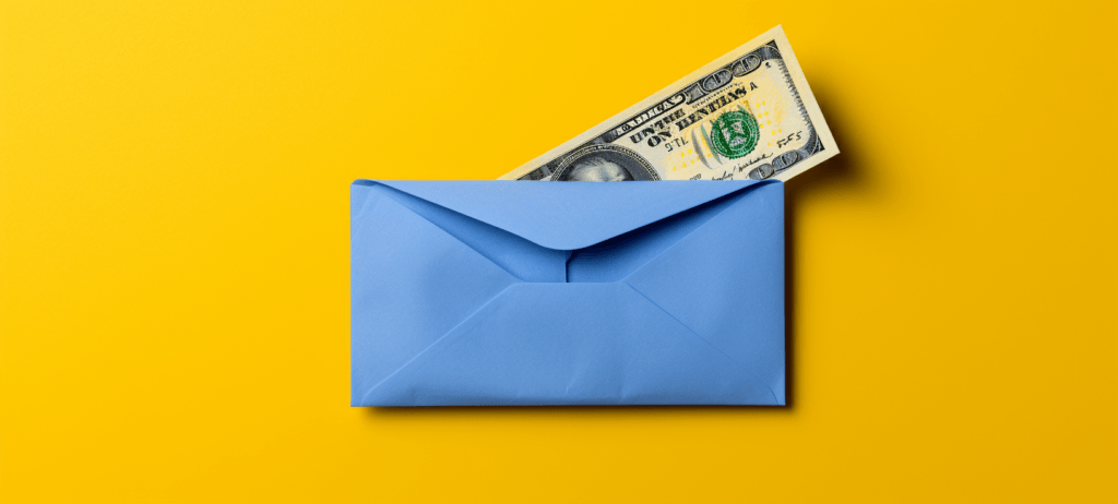 A blue envelope with a US 100-dollar bill protruding from it, set against a bright yellow background.