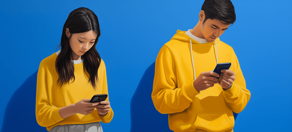 A woman and a man in yellow hoodies engrossed in their smartphones against a blue background.