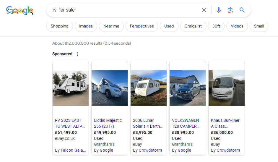 PPC ads of RVs for sale