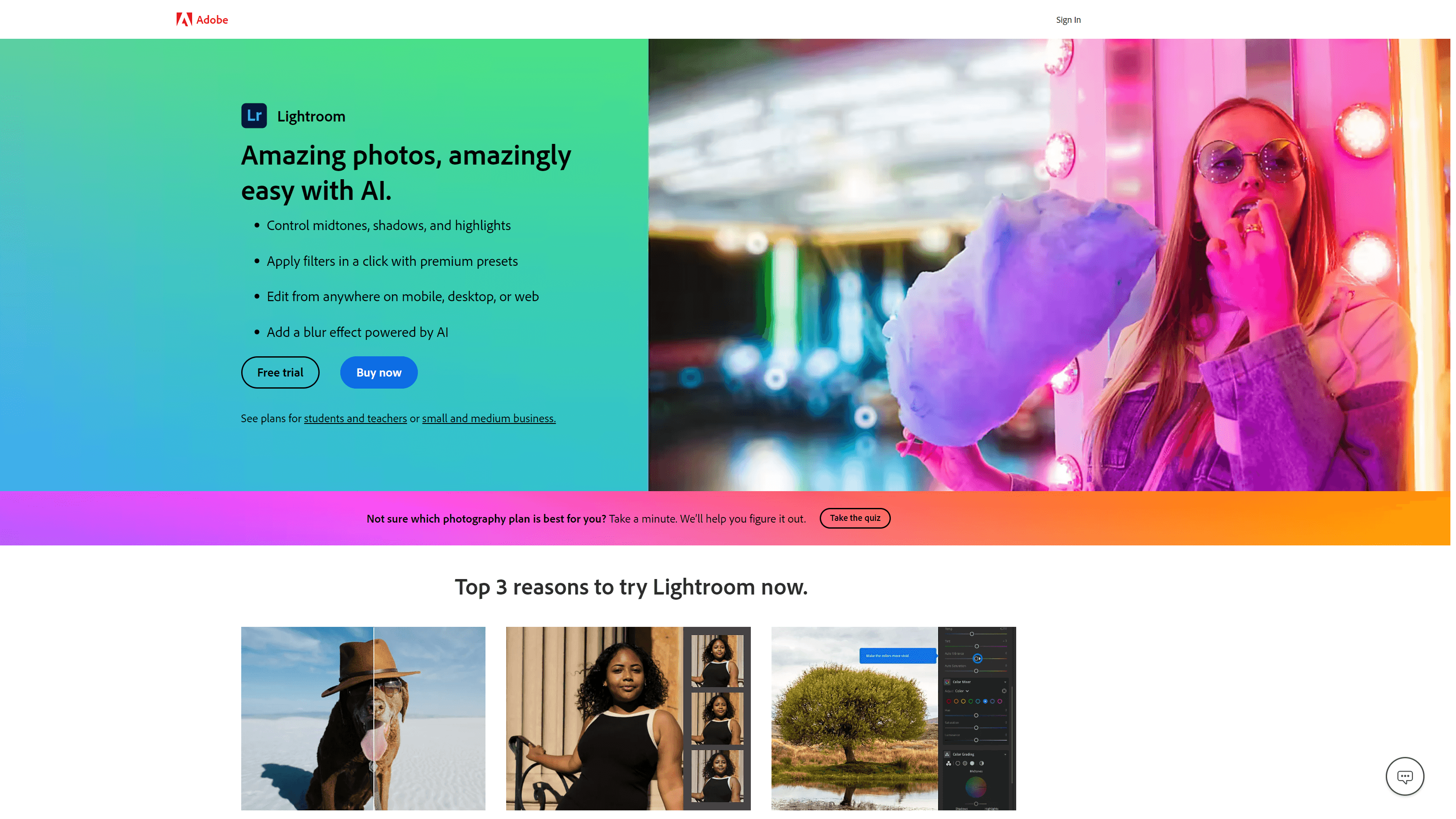 Homepage of Adobe Lightroom photo editing software