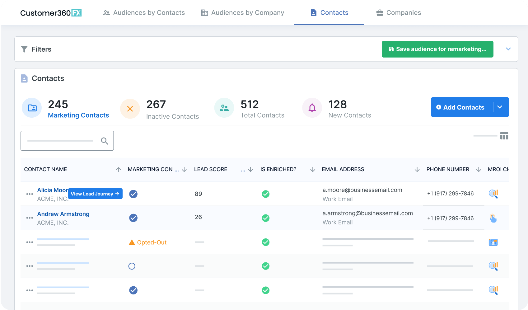 Screenshot of a CRM software interface showing tabs for contact management, summary statistics for contacts, and a list of individual contacts with details such as name, marketing consent, lead score, enrichment status, email, and phone number.