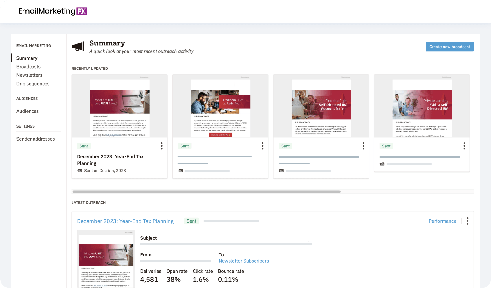 Screenshot of EmailMarketingFX software showing the email marketing dashboard with a summary of recent campaigns, performance metrics, and a navigation menu.