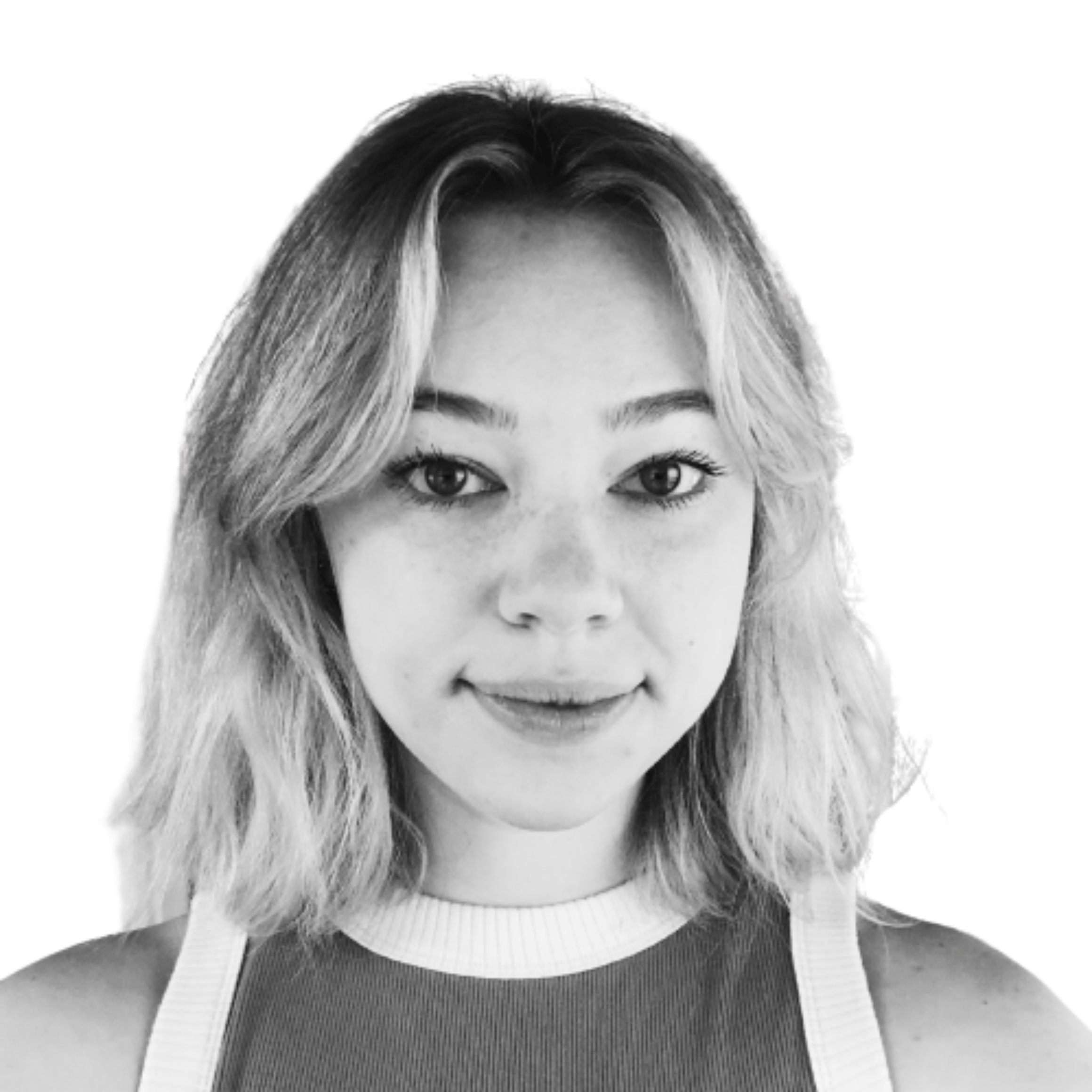 Black and white portrait of a young woman with shoulder-length hair smiling slightly at the camera.