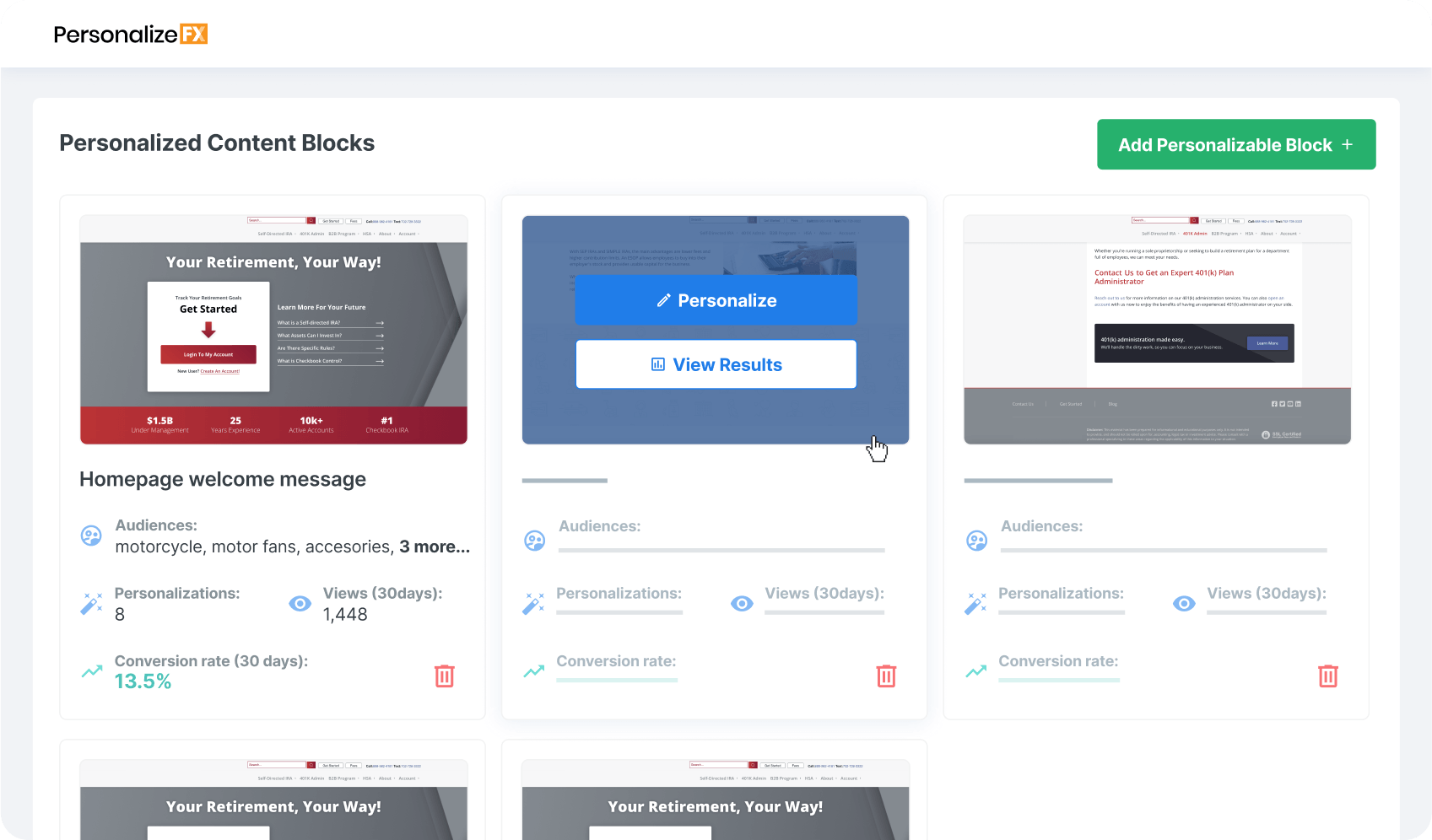 Screenshot of PersonalizeFX web application interface showing three personalized content block previews with metrics for views and conversion rates, and a button to add a new personalizable block.