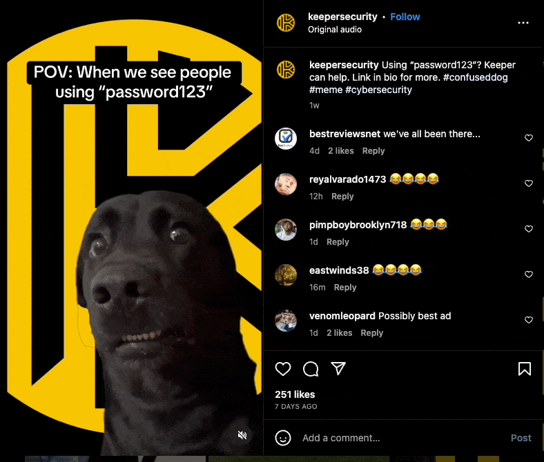 Keeper Security posting on Instagram using the confused dog trend