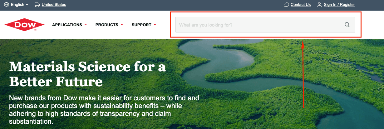 Search bar function on Dow's website