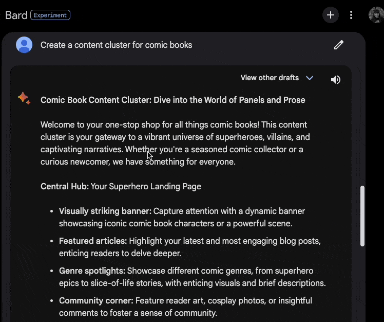 Google Bard generating a content cluster for comic books