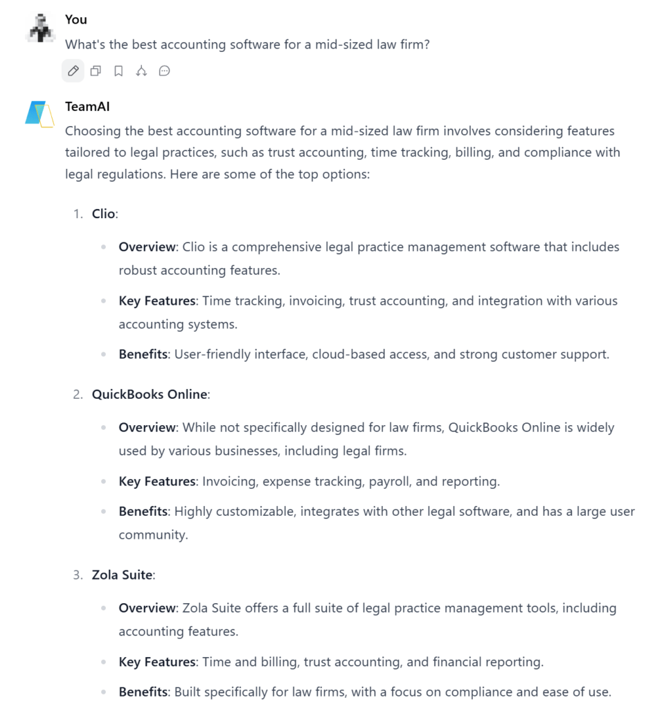 Generative AI result for a query asking about the best accounting software for a mid-sized law firm
