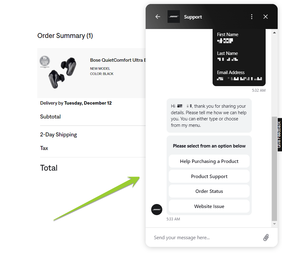 live chat in the checkout process