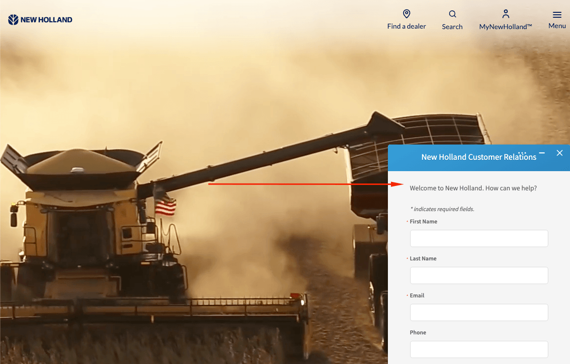 Chatbox on New Holland's website for customer service