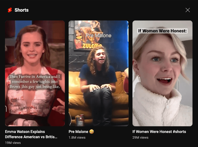 YouTube Shorts shown on the homepage of YouTube