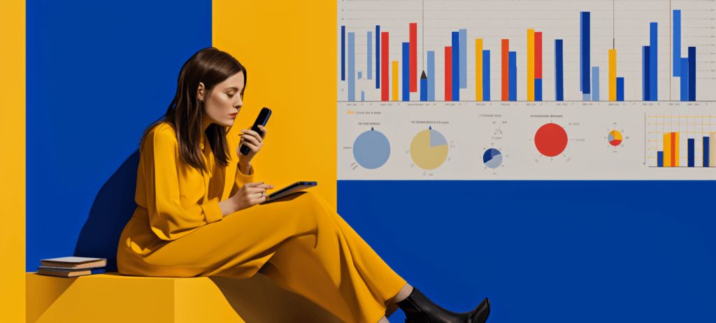 A woman in a yellow outfit is seated, looking at her smartphone with a tablet in her other hand, against a blue and yellow background with large charts and graphs to her side, indicating data analysis or business activities.