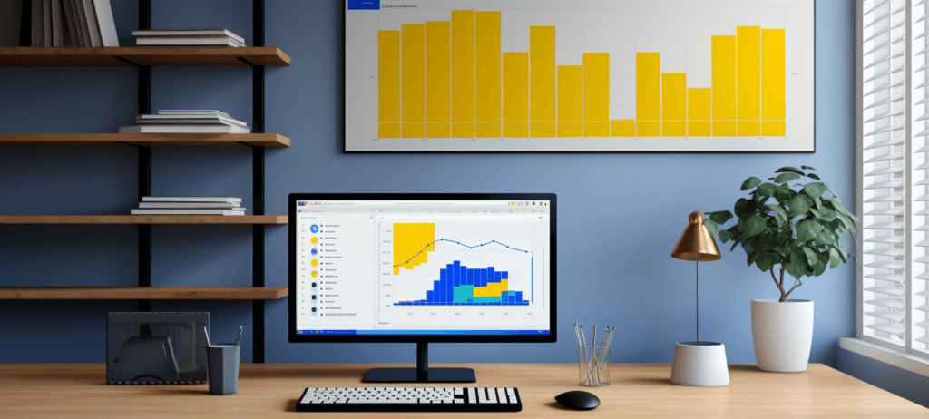 Modern office with a desk displaying a computer monitor with graphs, a tablet, keyboard, and mouse, wooden shelves with books, a large wall-mounted yellow bar graph, a potted plant, and a desk lamp, next to a window with white blinds.