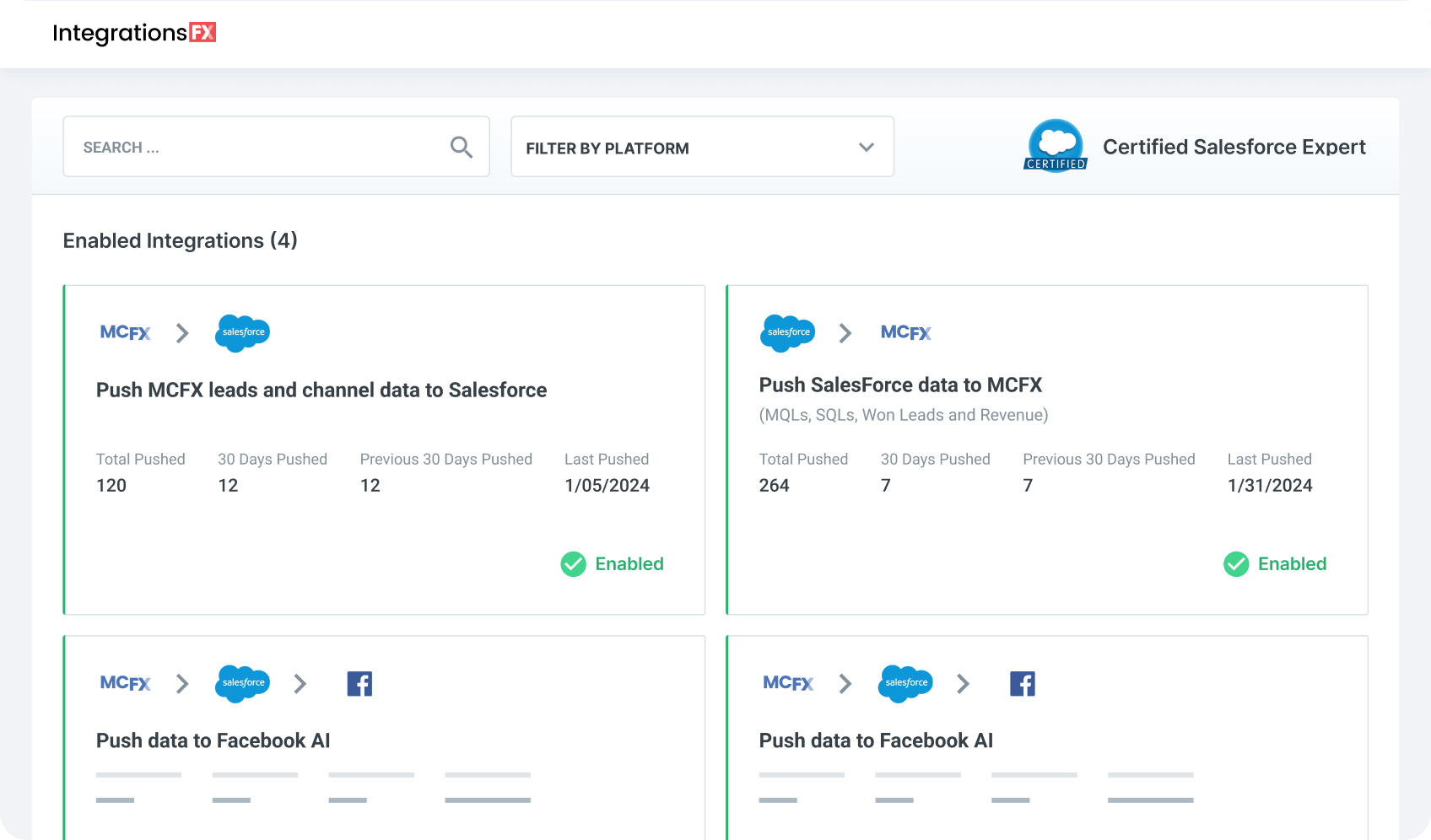 Screenshot of IntegrationsFX software showing enabled integrations for data exchange between RevenueCloudFX, Salesforce, and Facebook AI with statistics on data pushed and dates of last push.
