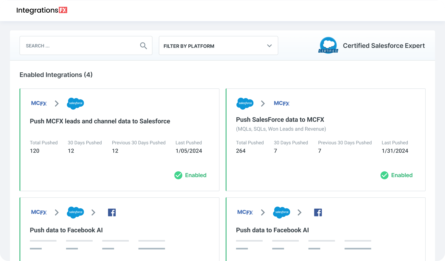 Screenshot of IntegrationsFX software showing enabled integrations for data exchange between MCFX, Salesforce, and Facebook AI with statistics on data pushed and dates of last push.