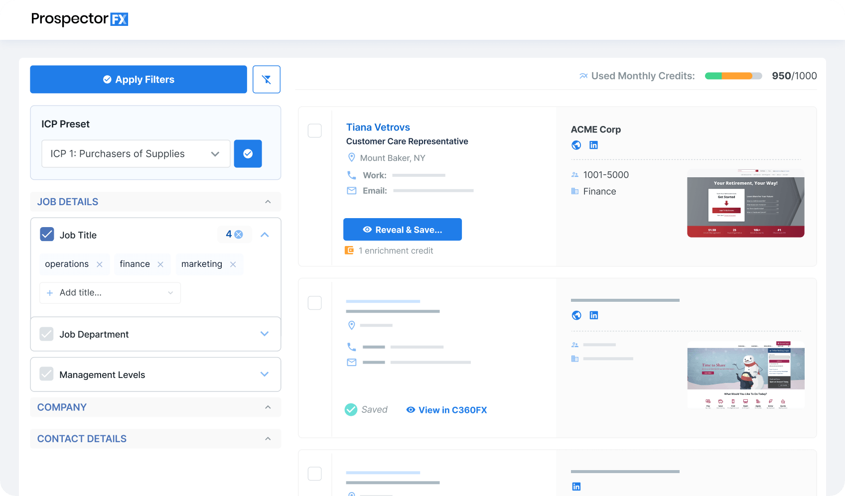 Screenshot of the ProspectorFX software interface showing filters for job details and company information, profiles for a customer care representative and a finance company, and a progress bar for used monthly credits.