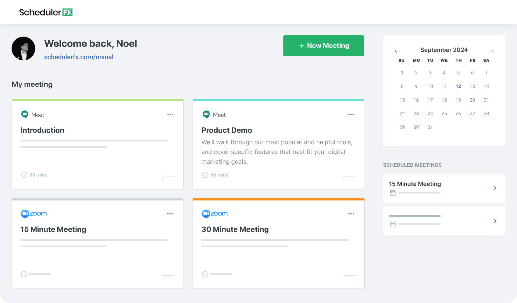 Screenshot of SchedulerFX application interface with options for scheduling meetings, a welcome message for a user named Noel, and a calendar view for September 2024.