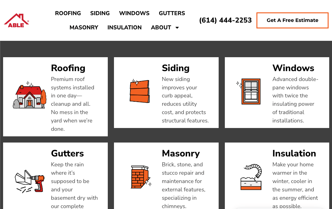 Icons depicting services on Able Roofing's website